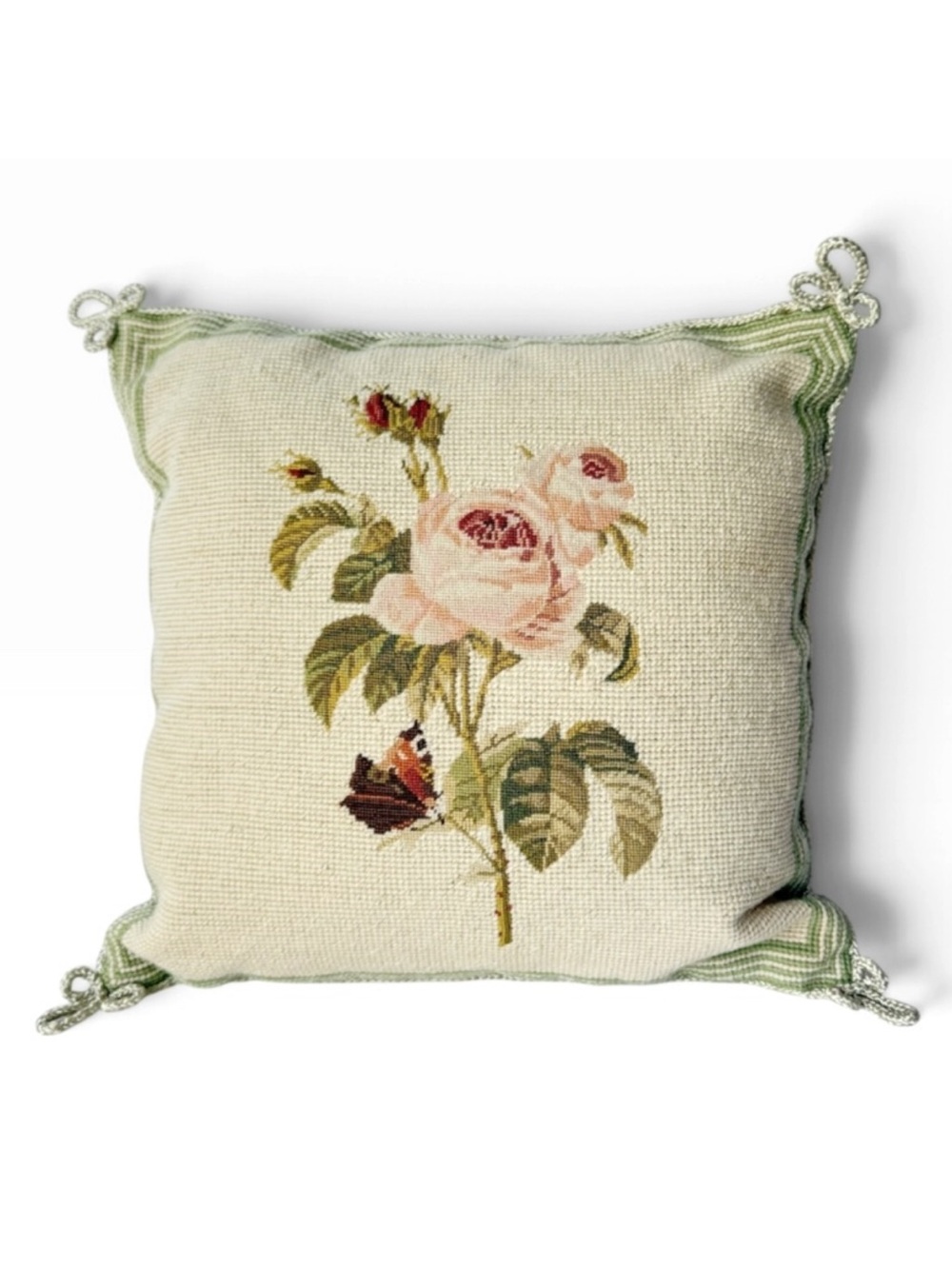 Vintage Imperial Elegance Pink Rose Floral Butterfly Square Needlepoint Pillow